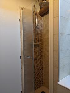 La salle de bains est pourvue d'une douche avec une porte en verre. dans l'établissement Casa Stella vicinanze Maranello, à Casa Stella