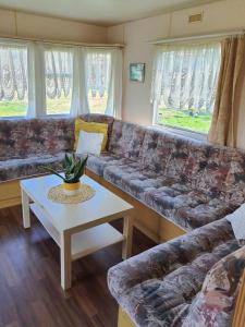 a living room with a couch and a table at Wieczorne Mgły in Borsk