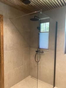 una ducha con puerta de cristal en una habitación en Valgeranna Puhkekeskus en Valgeranna