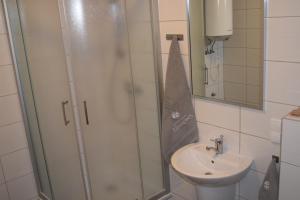 a bathroom with a shower and a sink at Apartamenty Zamkowa in Pleszew