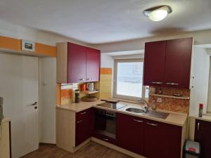 eine Küche mit lila Schränken, einem Waschbecken und einem Fenster in der Unterkunft Studio Lotrist in Radovljica