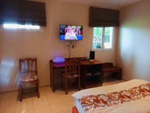 1 dormitorio con escritorio y TV en la pared en Maisonnette bretonne en Quemper-Guézennec