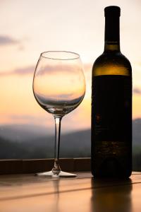 Kajuta في Betliar: وجود كأس من النبيذ للجلوس بجوار زجاجة من النبيذ