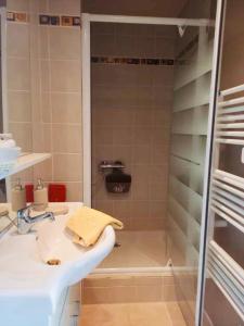 y baño con ducha, lavabo y bañera. en Maisonnette bretonne en Quemper-Guézennec
