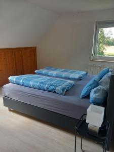 a bedroom with a bed with blue pillows and a window at Ferienwohnung am Waldrand in Bechhofen