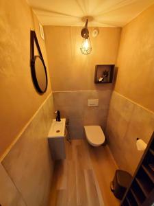 La petite salle de bains est pourvue de toilettes et d'un lavabo. dans l'établissement appartement cosy, à Feigères