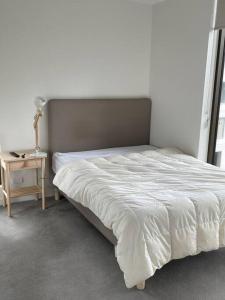 1 dormitorio con 1 cama y mesita de noche con lámpara en Lovely CBD two bedroom apartment free parking en Canberra