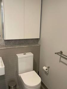 a bathroom with a white toilet and a cabinet at Lovely CBD two bedroom apartment free parking in Canberra