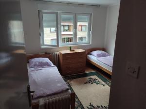 een kleine kamer met 2 bedden en een raam bij Apartman 1 in Foča