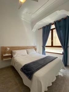バレンシアにあるMediterranean Flats Plaza Redondaのベッドルーム1室(青いカーテン付きの大型ベッド1台付)
