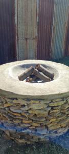 a stone fire pit with two logs in it at Green Thumb Farm Stay in Ermelo