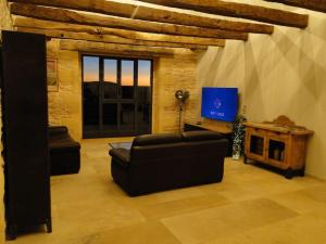 Una sala de estar con un sofá y un televisor de pantalla plana. en Villa avec vue exceptionnelle sur la Vallée, en Castels