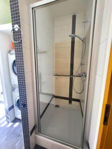 una doccia con una porta in vetro in un bagno di Ferienwohnung SehrGemütlich in Sachsen a Lichtenstein
