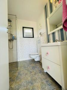 a bathroom with a toilet and a glass shower at PAPIERÓWKA in Dźwierzuty +13 photos