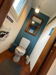 La salle de bains est pourvue de toilettes et d'un miroir mural. dans l'établissement Gîte Le Pti Chouta, à Anhée