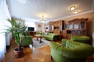 ein Wohnzimmer mit grünen Sofas und einem Tisch in der Unterkunft Hajdúhegy Vendégház in Eger