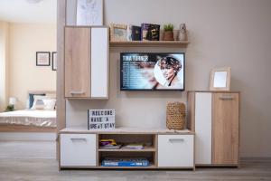 een woonkamer met een boekenplank en een tv bij Cozy home next to Aliosha in Plovdiv