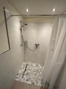 y baño con ducha y cortina de ducha. en Stadtzentrum, ruhig, praktisch, en Greifswald