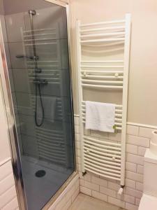 a shower with a glass door in a bathroom at Rent-Apart City Center - apartament z 1 sypialnią in Łódź