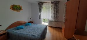 - une chambre avec un lit et une grande fenêtre dans l'établissement Zielony Domek, à Tylicz