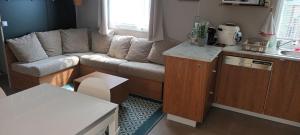 een woonkamer met een bank en een keuken bij Mobilhome tout confort les viviers in Lège-Cap-Ferret