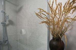 a vase with a plant in it in a bathroom at Flora Studio Apartments in Korenica