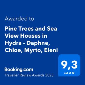 a screenshot of a phone with the text married to pine trees and sea view houses at Pine Trees and Sea View Houses in Hydra - Daphne, Chloe, Myrto, Eleni in Hydra