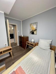 a bedroom with a bed and a table and a mirror at Golden BIS 2, Subotica in Subotica