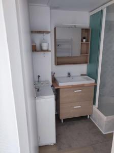ein kleines Bad mit einem Waschbecken und einem Spiegel in der Unterkunft Location saisonnière à St Hilaire de Riez in Saint-Hilaire-de-Riez