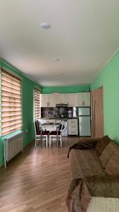 Cet appartement comprend une chambre avec des murs verts, une table et une cuisine. dans l'établissement Secret Garden Guest House, à Qabala