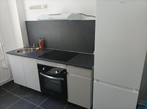 uma pequena cozinha com um fogão e um lavatório em O'Couvent - Appartement 62 m2 - 2 chambres - A513 em Salins-les-Bains