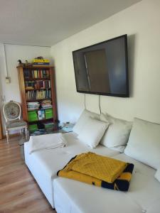 Zimmer mit einem weißen Sofa und einem Flachbild-TV an der Wand in der Unterkunft Wohnung Elbblick in Königstein an der Elbe