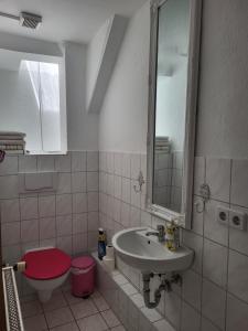 ein Badezimmer mit einem Waschbecken, einem WC und einem Spiegel in der Unterkunft Wohnung Elbblick in Königstein an der Elbe
