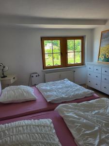 2 Einzelbetten in einem Schlafzimmer mit Fenster in der Unterkunft Wohnung Elbblick in Königstein an der Elbe