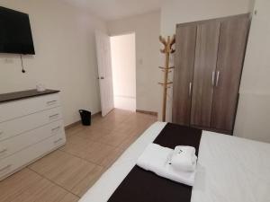 um quarto com uma cama, uma cómoda e uma televisão em Hotel Cortaderas Arequipa em Yanahuara