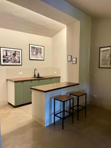 uma cozinha com um balcão e dois bancos em Guesthouse Corte Marzago - adults friendly em Salionze