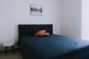 1 dormitorio con cama azul y almohada rosa en Vesiroosi Apartments - Apartment 3, en Pärnu