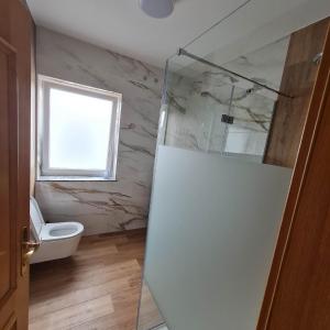a bathroom with a toilet and a glass shower at Soba pri nam in Gačnik