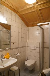 a bathroom with a white toilet and a sink at Sesvennahof in Malles Venosta