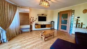 a living room with a couch and a tv at Apartment Palace of Parliament in Bucharest
