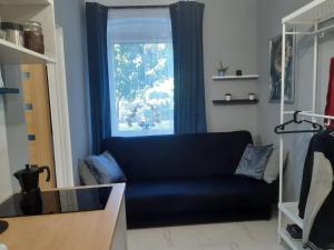 a living room with a blue couch and a window at Apartament nad rzeką in Głuszyca