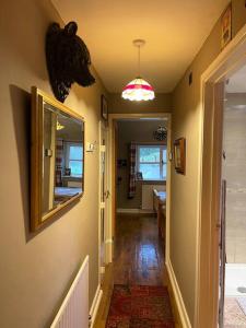 un couloir d'une maison avec un miroir et un couloir dans l'établissement Bear Cottage, Tyn Y Cwm, à Scyborycoed