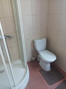 La salle de bains est pourvue d'une douche et de toilettes. dans l'établissement Fantastyczny dom w lesie, à Długosiodło