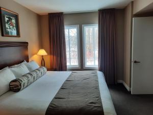 Cette chambre d'hôtel dispose d'un grand lit et de fenêtres. dans l'établissement Home Away From Home in Horse Shoe Valley, à Oro-Medonte