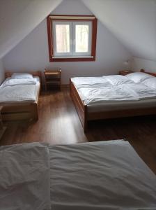 1 dormitorio con 2 camas y ventana en Fantastyczny dom w lesie, en Długosiodło