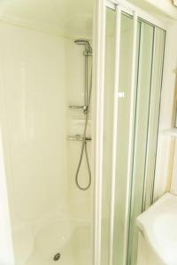 W łazience znajduje się prysznic z głowicą prysznicową. w obiekcie Treetops w mieście Lamplugh