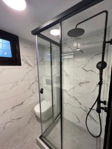 a bathroom with a glass shower with a toilet at Villa Diomedes in Sani Beach +38 photos