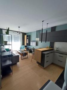 ヴロツワフにあるGreen Apartmentのキッチン、リビングルームが備わります。