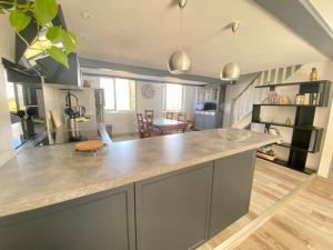 eine Küche mit einer großen Arbeitsplatte in einem Zimmer in der Unterkunft L'Escale Lauragaise in Villefranche-de-Lauragais
