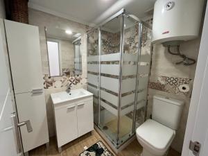 uma casa de banho com um chuveiro, um WC e um lavatório. em VIS3 - Estudio con Wifi, Centro a 200 metros, Playa a 850 metros em Torremolinos